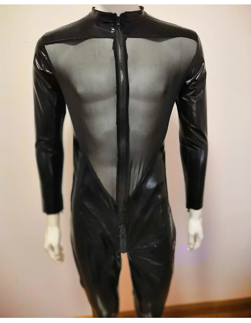 Men Sexy wetlook Lingerie Latex Catsuit Faux Leather Front Zipper Open Crotch Bodysuit Fetish Costume Erotic Body Suit
