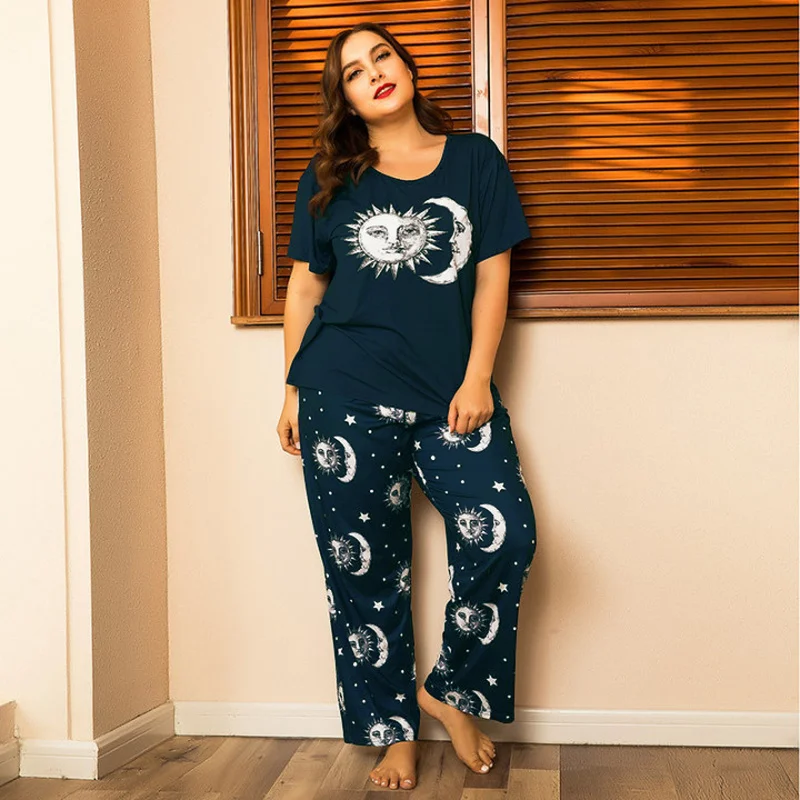 Plus Size Pajama Sets Women Summer Sleepwear Cotton Cute Cartoon Short Sleeve Two Piece Set Homewear Sexy Pjs Lounge Nightwear