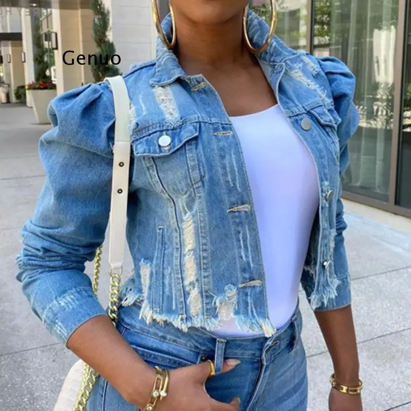 

Autumn Women Sexy Ripped Denim Jackets Vintage Casual Short Jean Jacket Puff Sleeve Winter Female Coat Streetwear