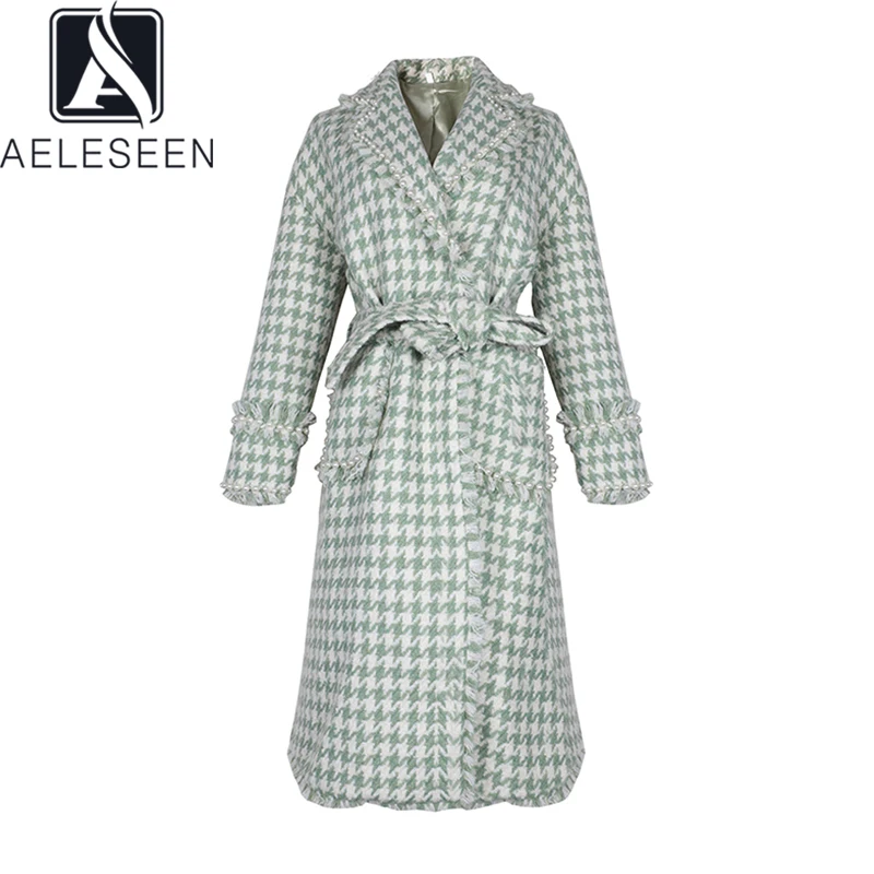 

AELESEEN 2020 Office Lady Windbreaker English Style Light Green Plaid Sashes Open Luxury Brooch & Pearls X-Long Woollen Coat