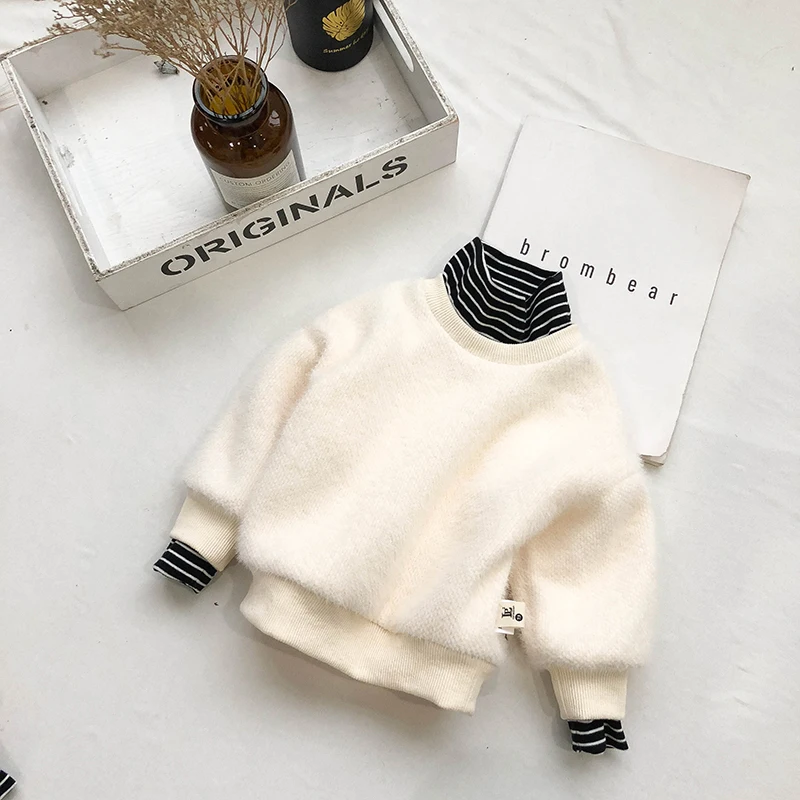 Winter Warm Thick Fleece Boys /Girls Sweaters Striped Splicing Kids Pullover Long Sleeve T-shirts Toddler Blouse - Color: White