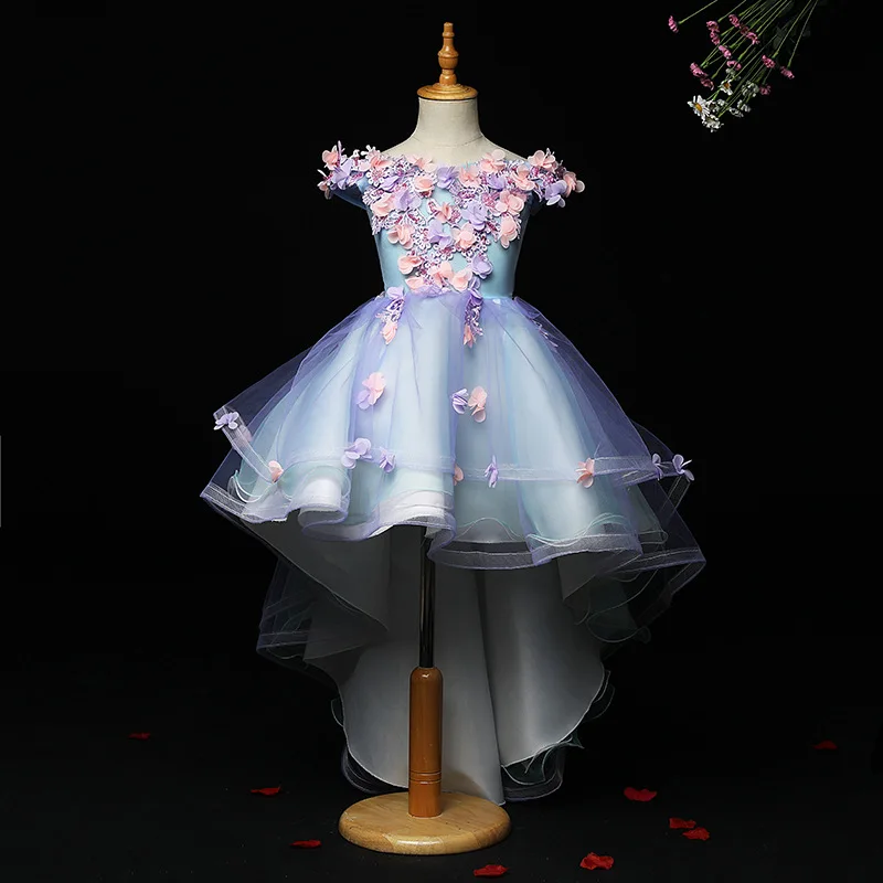 Appliques Tulle Flower Girl Dress Kids Pageant Evening Gown Party Beading Lace Princess Wedding First Communion Clothes