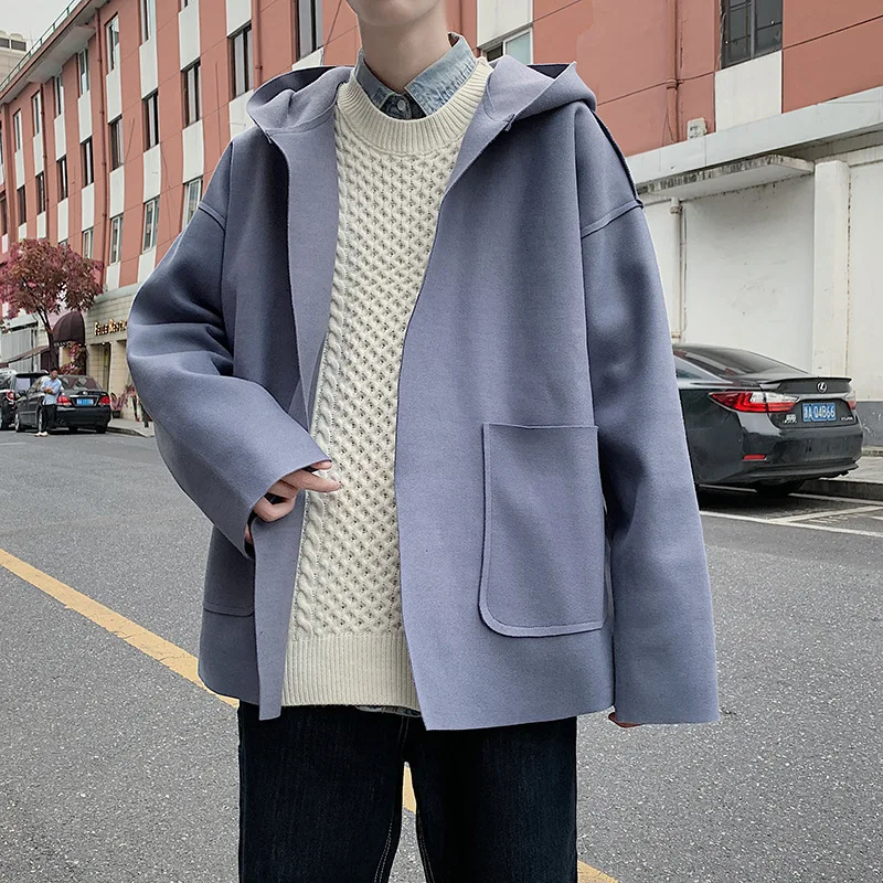 

Autumn And Winter Blue M-2XL Big Pocket Woolen Coat Men's Trend Loose Solid Color Hooded Woolen Jackets