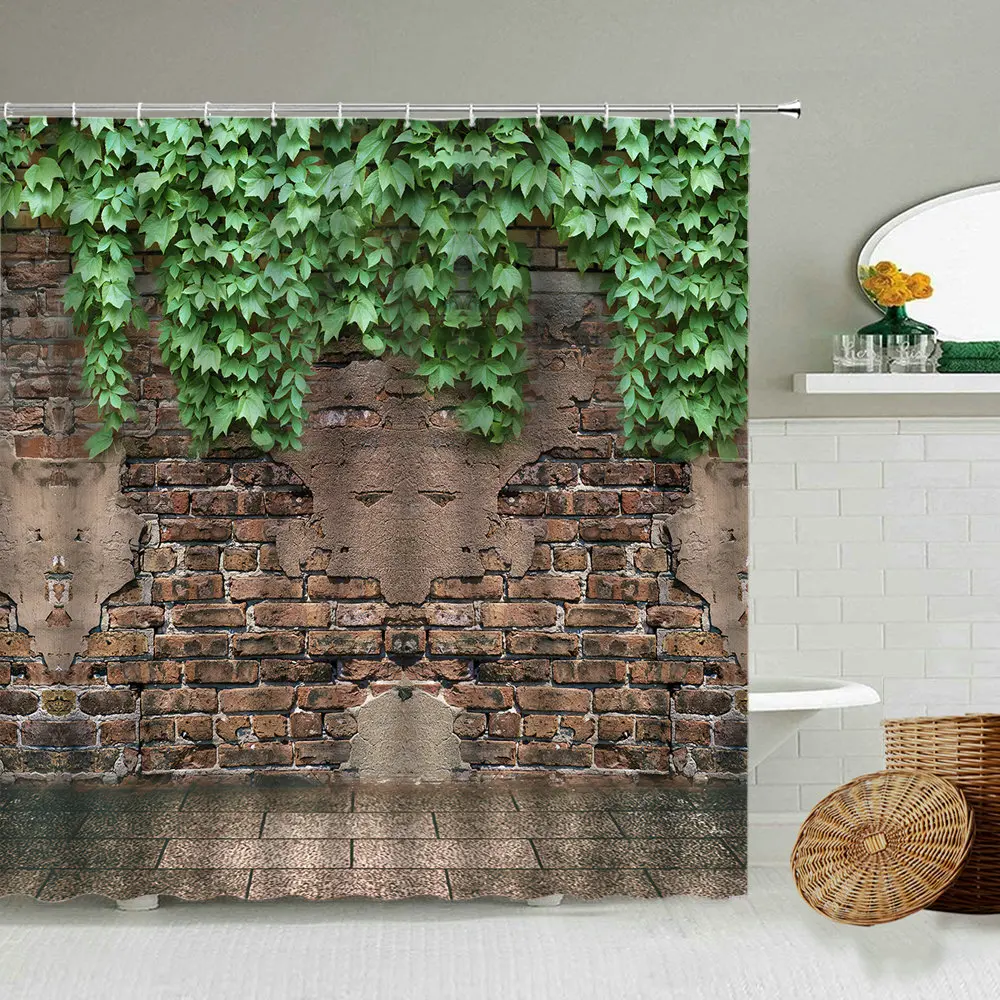 Green Ivy Old Stone Wall Shower Curtain Garden Potted Flower Plants Bathroom Waterproof
