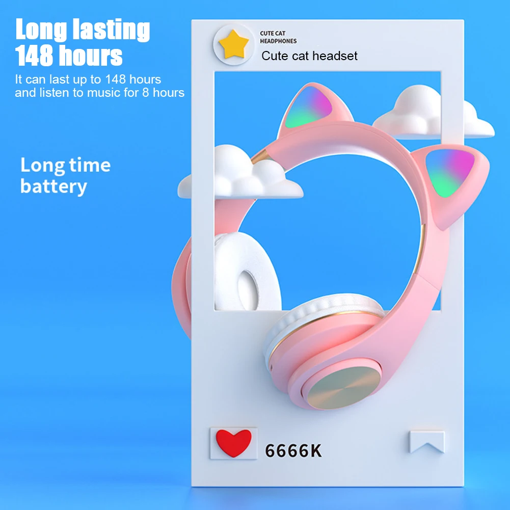 Calling Gaming Wireless Bluetooth Headset With LED Light Gift HIFI Cat Ear Stereo Sound Noise Cancelling Cute Glowing FM Radio