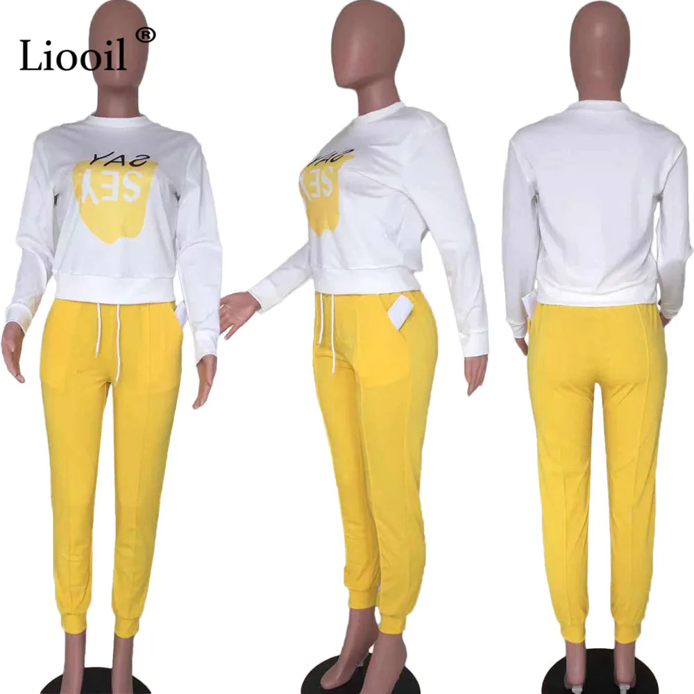 Liooil женский спортивный костюм с буквенным принтом, комплект из двух предметов, футболка с длинными рукавами и круглым вырезом, сексуальный белый топ, спортивные штаны с карманами
