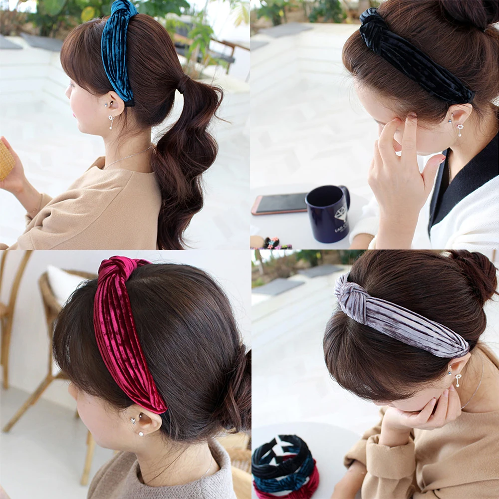 Solid Color Headband for Women Korean Soft Velvet Knotted Hairband Handmade Bowknot Hair Hoop Girls Hair Accessories