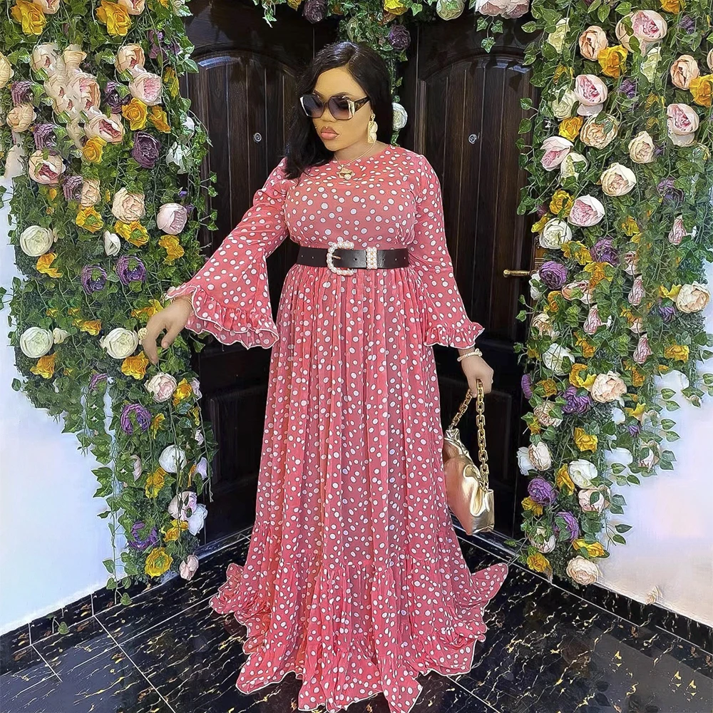 

Muslim Evening Party Dress 2 Piece Set Kaftan Polka Dot Print Chiffon Maxi Dress Long Sleeve African Dresses For Women