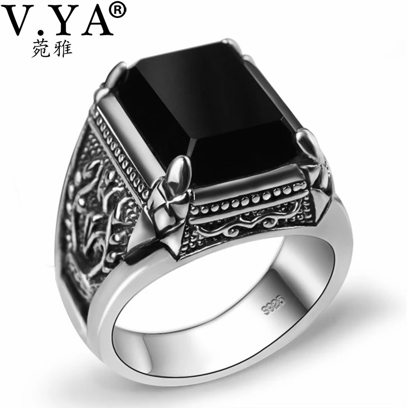 Tanie V. YA 925 srebrny pierścień dla mężczyzn kobieta grawerowane czarny cyrkon moda Sterling Thai srebrny pierścień biżuteria