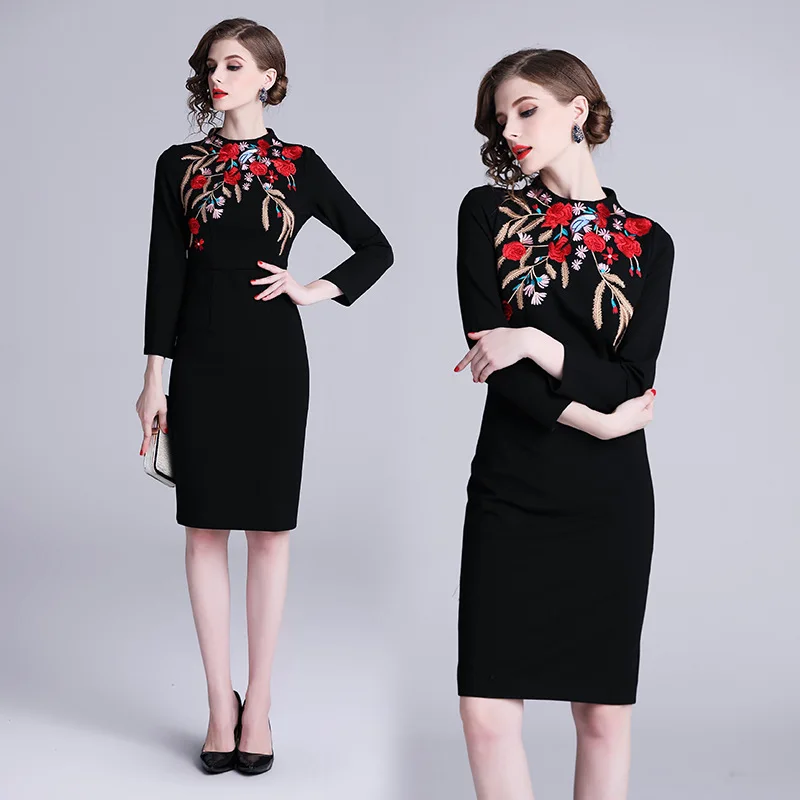 

2019 New Style Spring Medium-length Base Skirt Sheath Slimming Fashion Embroidered Ol Dress Slim Fit Slimming