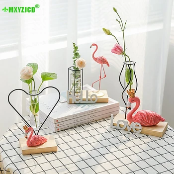 

Glass Hydroponic Plant Vase Home Living Room Transparent Flower Arrangement Container Office Desktop Resin Flamingo Decoration