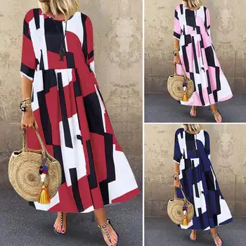 

Printed Maxi Dress 2020 Fashion Summer Sundress ZANZEA Women's Geometric Female Casual 3/4 Sleeve Long Vestidos Loose Party Robe