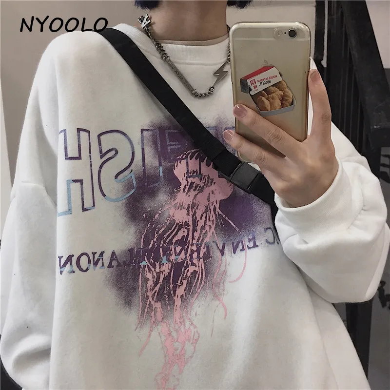 NYOOLO Harajuku стиль желе рыба буквы печати толстые теплые толстовки осень зима с длинным рукавом О-образным вырезом Пуловер Толстовка для женщин и мужчин
