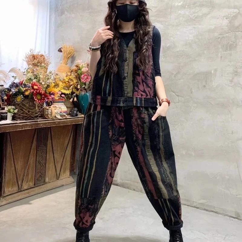 women's skirt suit sets Max LuLu Womens Striped Design Loose Two Pieces Sets 2022 Spring British Style V-Neck Casual Vest Vintage Denim Tops Black Jeans red pant suit