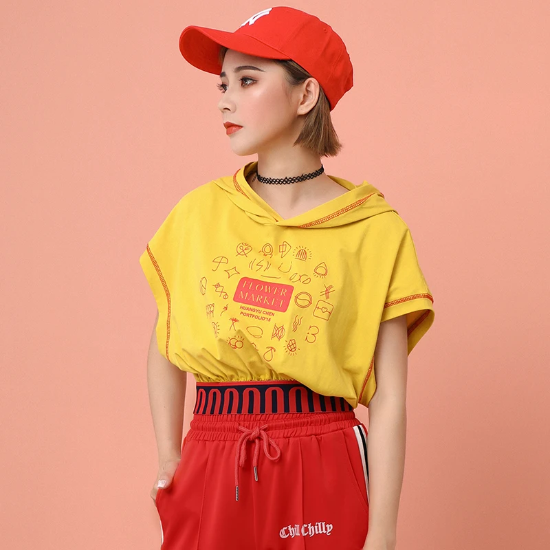 Merry Pretty Harajuku coped tops Женская Желтая хлопковая футболка с капюшоном Лоскутная эластичная юбка забавная укороченная футболка повседневные топы для девочек