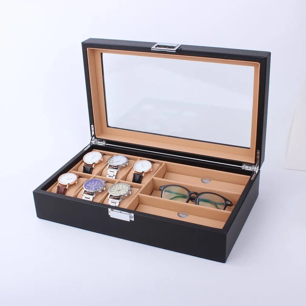 

6/8 Grids PU Leather/Carbon Fiber Watch Box Case Sunglasses Organizer Jewelry Collection Storage Display Container Holder