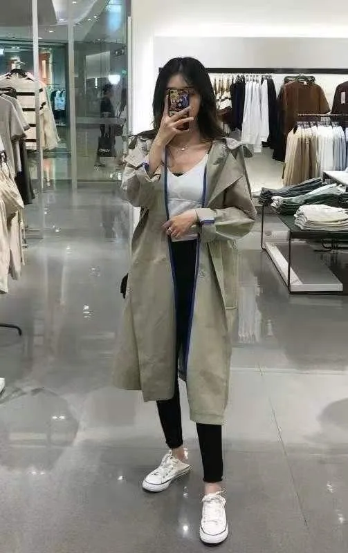 WHITNEY WANG Тренч Женский Осенняя модная уличная двубортная ветровка с капюшоном русский плащ верхняя одежда