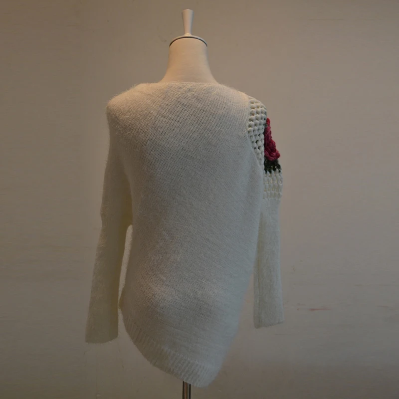 Цветочный розовый белый женский пуловер свитер Дамский с одной стороны с круглым вырезом Асимметричный вязаный Топ Модный крутой осенний джемпер