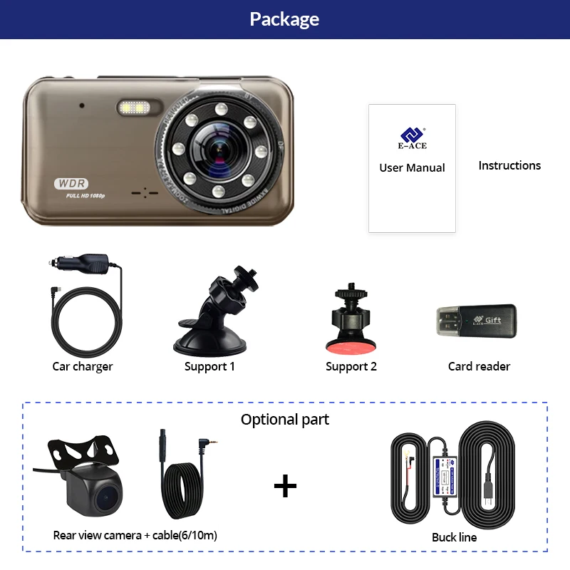 E-ACE, Автомобильный видеорегистратор FHD 1080 P, автомобильная камера, 4 дюйма, Dashcam, двойной объектив, регистратор, ADAS, видеорегистратор ночного видения с камерой заднего вида