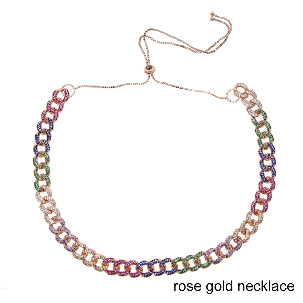 necklace rose gold Bling Iced Out, кантри, кубинская цепочка, Радужный CZ, колье, ювелирные наборы, хип-хоп, широкий, крутой, для мужчин и женщин, ожерелье, браслет, отрегулировать - Окраска металла: necklace rose gold