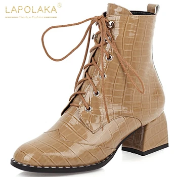 

Lapolaka 2020 Fashion New Large Size 43 Thick Heels Ankle Boots Women Shoes Lace Up Genuine Leather Concise Shoes Ladies Boots