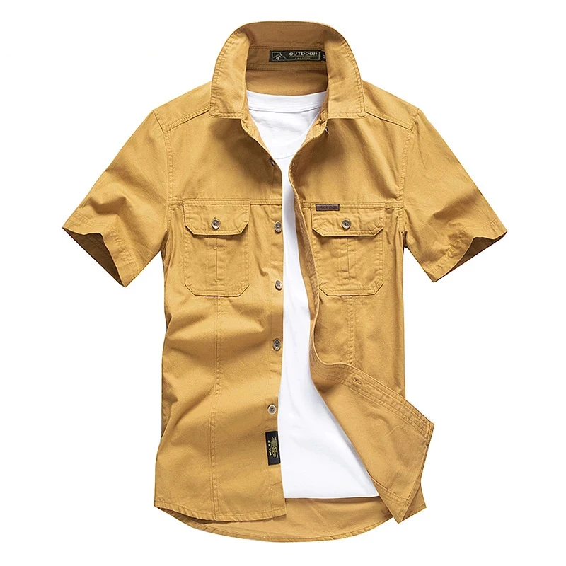 Casual Shirt Short-Sleeve Cargo Military Plus-Size Men Summer 100%Cotton Solid Chemise