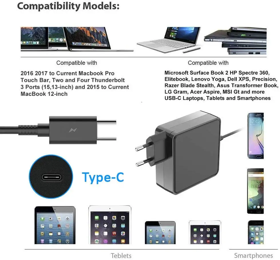 45 Вт USB-C адаптер питания Замена PD Зарядное устройство USB Typec C зарядное устройство Совместимость с MacBook Pro 12 В 2.58A адаптер питания