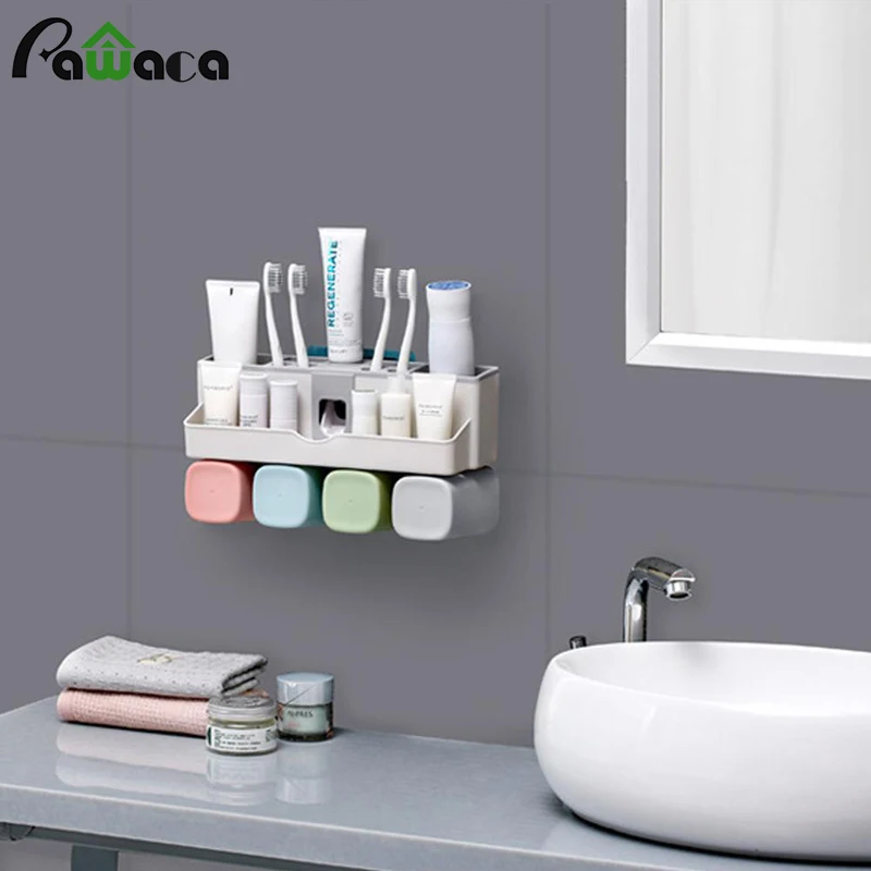 

Toothbrush Holder Wall Mounted Toothpaste Holder with Toothpaste Dispenser Bathroom Accessories with Cups Storage Organizer