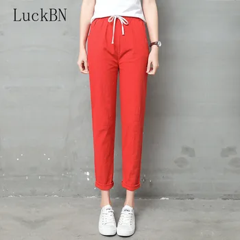 

Spring Cotton Linen Pants Women Candy Color Casual Loose Harem Pants for Women Ankle Length Trousers Female Elastic Waist Pant
