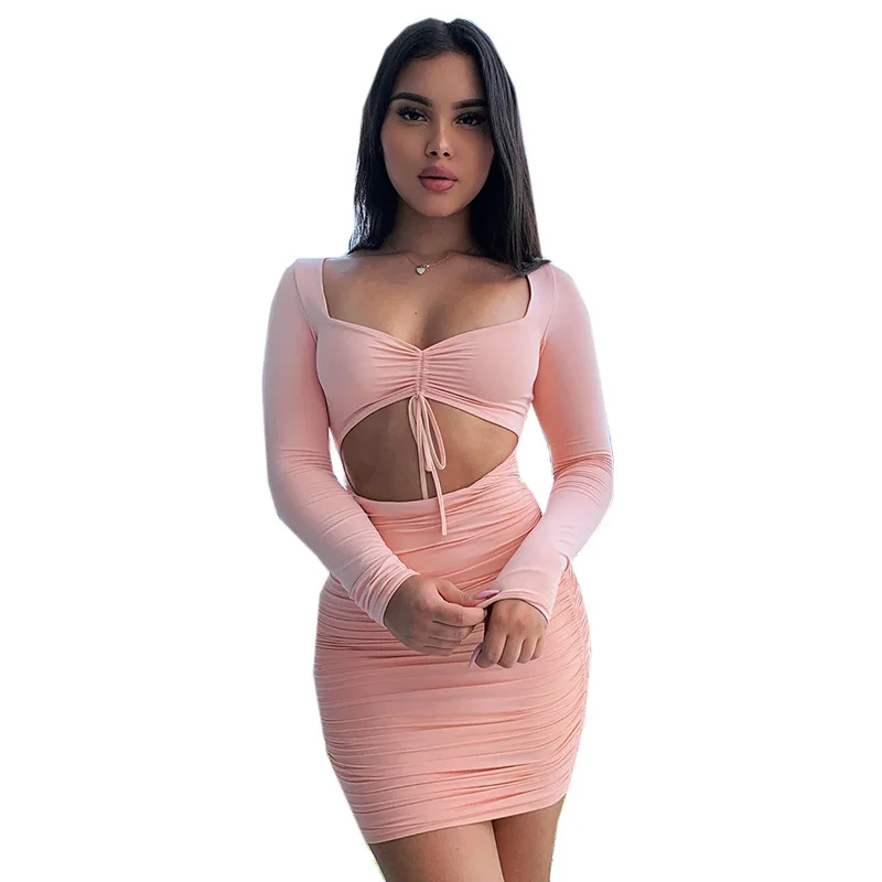 Womens Dresses Hollow Out Bandage Dress Long Sleeve Solid Slim Mini Dress Elegant Women Sexy Club Dresses Evening Party Dresses
