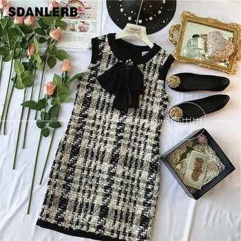 

Tweed Dress Women's Dresses French Retro Romantic Temperament Small Fragrance Water Drill Bow Thousand Bird Plaid Bow Dress