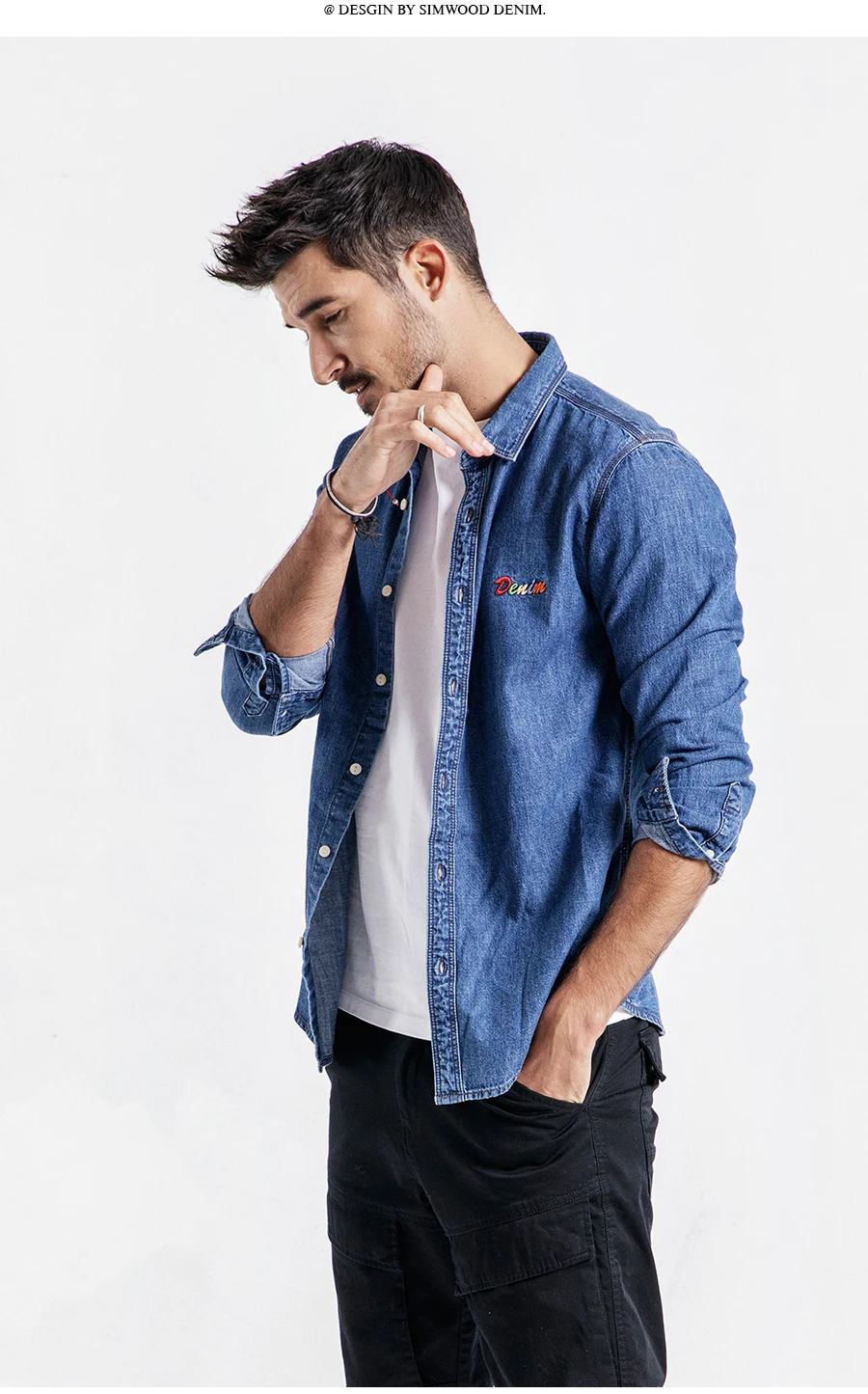 Мужская джинсовая рубашка SIMWOOD, модная повседневная брендовая рубашка с длинными рукавами и вышитой надписью, новая модель 190072