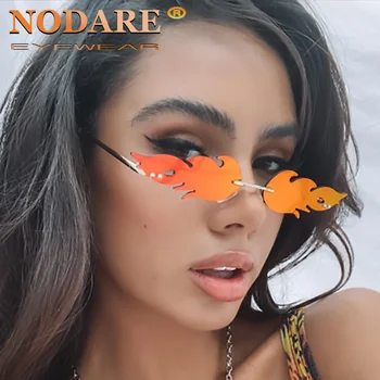 

NODARE 2020 Hot Trending Narrow Flame Sunglasses Women Alloy Rimless Wave Sun Glasses Trending Wide Side Party Gold Red Eyewear