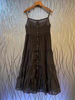 

2020 Spring and Summer New Women's off-Shoulder Decorative Single Button Solid Color Long Dress 531