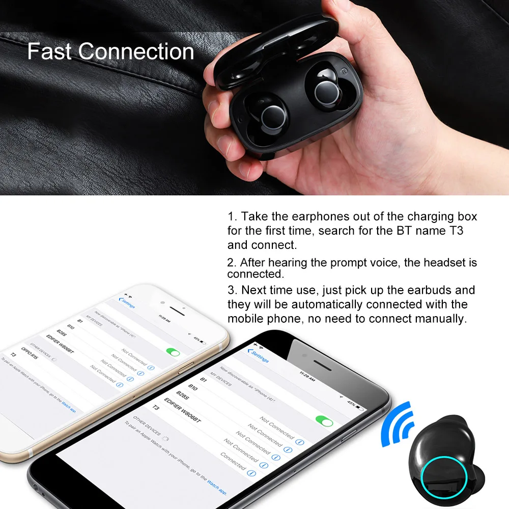 T3 TWS Headphones Touch-controlled Bluetooth 5.0 Wireless Stereo Earphones Sports Earbuds with Mic Charging Box IPX5 Waterproof