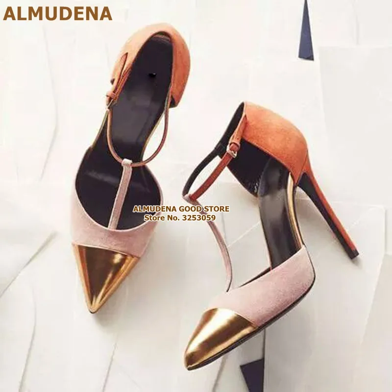 ALMUDENA/туфли-лодочки на высоком каблуке с Т-образным ремешком, золотистого цвета, с острым носком, из замши, с Т-образным ремешком, в стиле пэчворк; модельные туфли смешанных цветов - Цвет: as picture