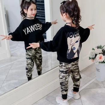 

Child wear girl clothes 2020 spring autumn cartoon long-sleeved T-shirt camouflage trousers sports set 3-11Quality kids clothing