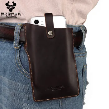 

Genuine leather men's belt phone bag retro crazy horse cowhide phone waist bag factory leather waist bag