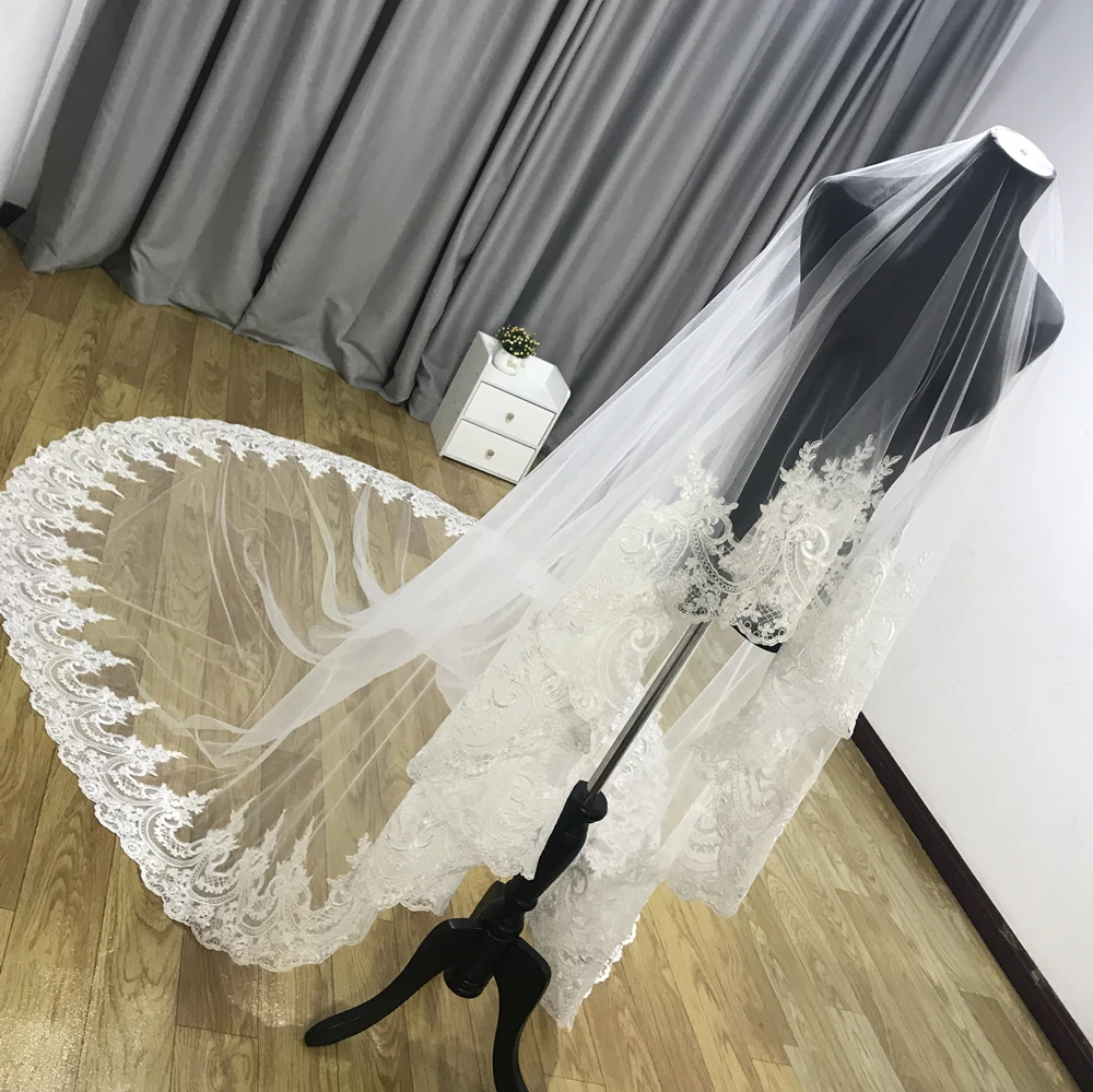Real Photo 3meter Long Wedding Veil lace veil One Layer Cathedral Veil Tulle veil Bridal white ivory With Comb