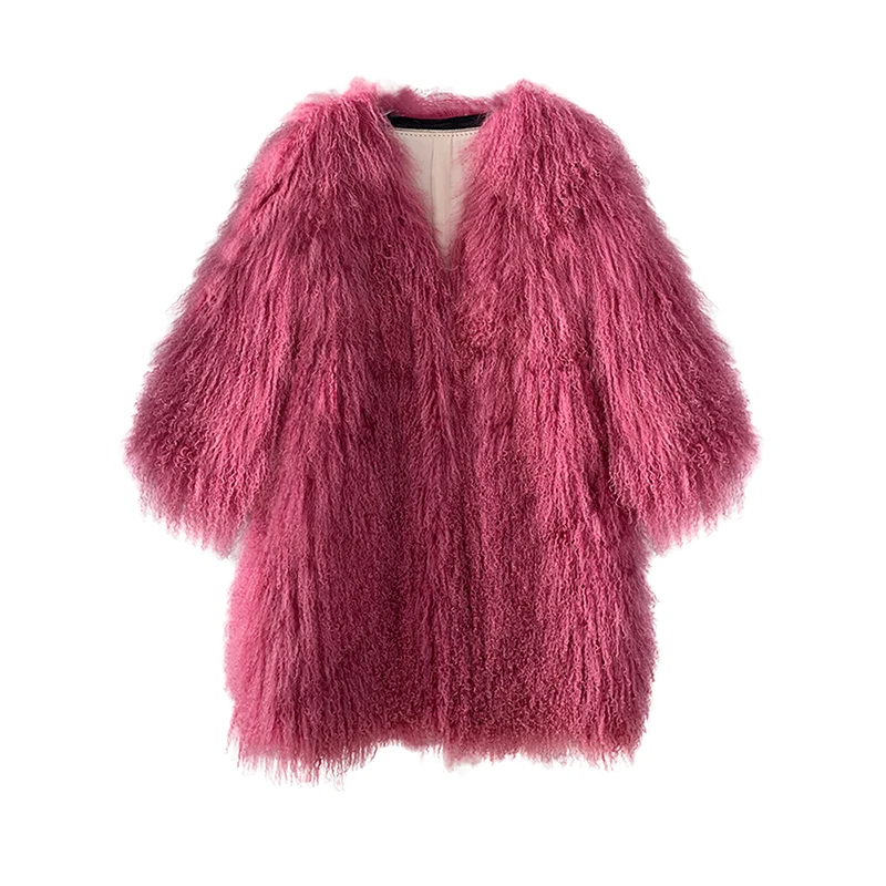 Rf2009 Новое поступление высокого уличного розового цвета монгольские Овцы пальто с мехом Полный Пелт женские натуральный мех пальто - Цвет: Фуксия