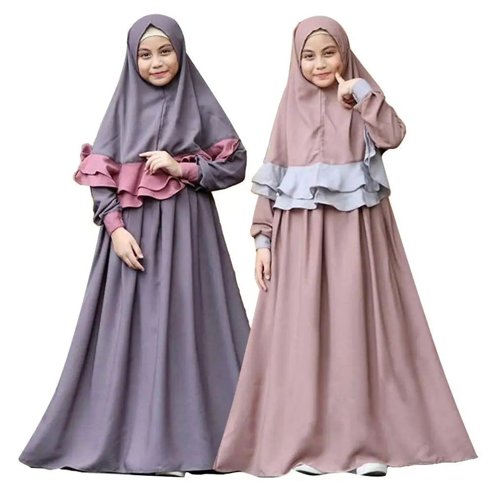 IWEMEK Muslim Islamic Girls Long Sleeve Flower Applique Full Length Abaya Burka Arab Prayer Maxi Kaftan Liturgical Praise Dress Dancewear Worship Costume 6-17 Years 