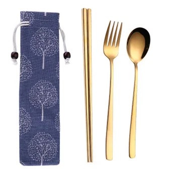 

Creative Titanium-plated Portable Tableware Color Korean Stainless Steel Spoon And Chopsticks Set, Straw Combination