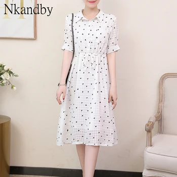 

Plus Size Heart Print Waist Banding Dress Women 2020 Summer Stylish High Waist Short Sleeve Loose Korean White Oversized Dresses