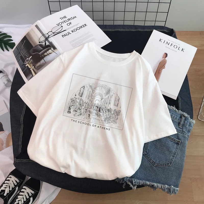 Ulzzang Harajuku Funny Black and White Drawing David Printed Short Sleeve T-Shirt Loose O-neck Casual Women T-Shirt Tee Tops