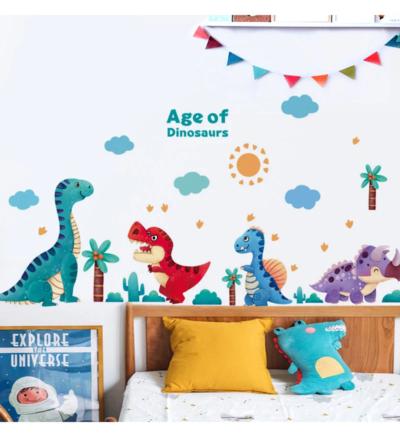 Cartoon volcano little dinosaur wall stickers creative kids room decoration cute sticker self-adhesive baby bedroom wall decor