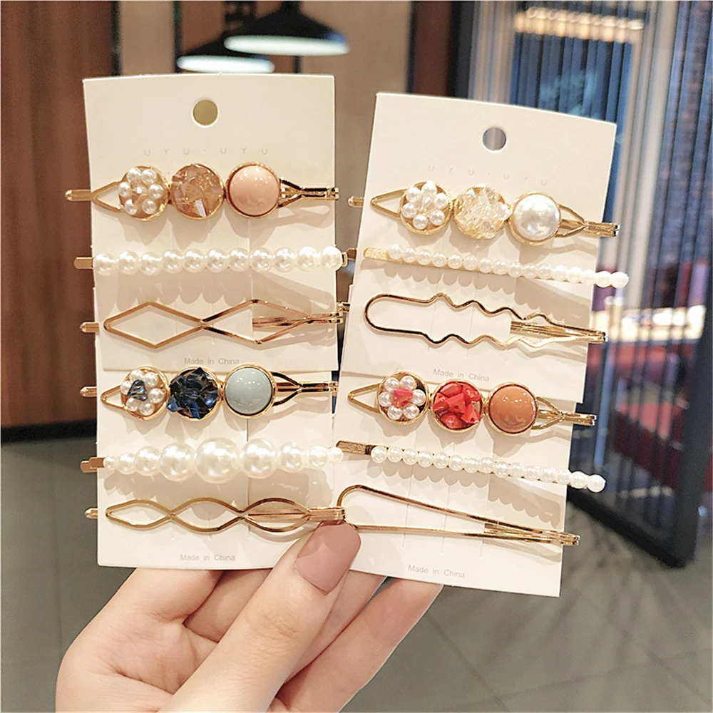 3pc/set Pearls Hair Clips for Women Geometric Flower Exquisite Diamond Barrettes Headwear Girls Sweet Hairpins Hair Accessorie hair clips for women