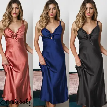 

Sexy Dress Women Soft Satin V-neck Nightdress Silk Lace Wedding Evening Party Dresses Club Lingerie Nightgown Plus Size S-2XL