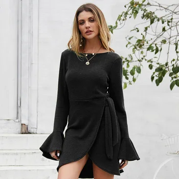 

Bikitique Solid Knitted Split Sexy Dress Round neck Flare Long Sleeve Slim Lace Up Party Dress Women Date Winter Dress Veitidos