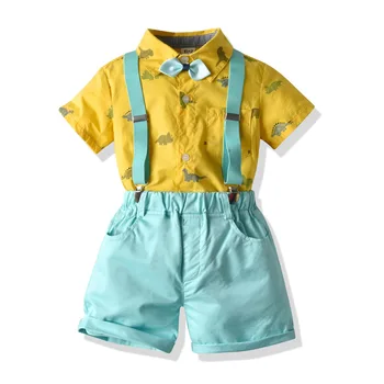 

Boys Clothes Gentleman Suit Style Short Sleeve Shirt + Bowtie + Shorts Suspenders Infant Toddler Kids Outfit Set Formal Wedding