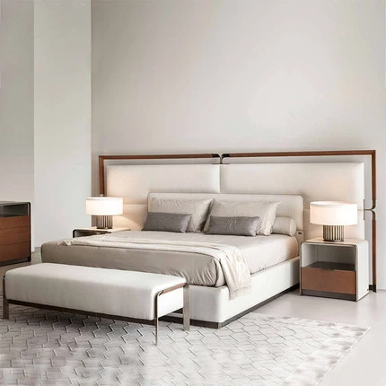 Chinese Modern Simple Style Wooden Double Bed Set with Two Nightstands